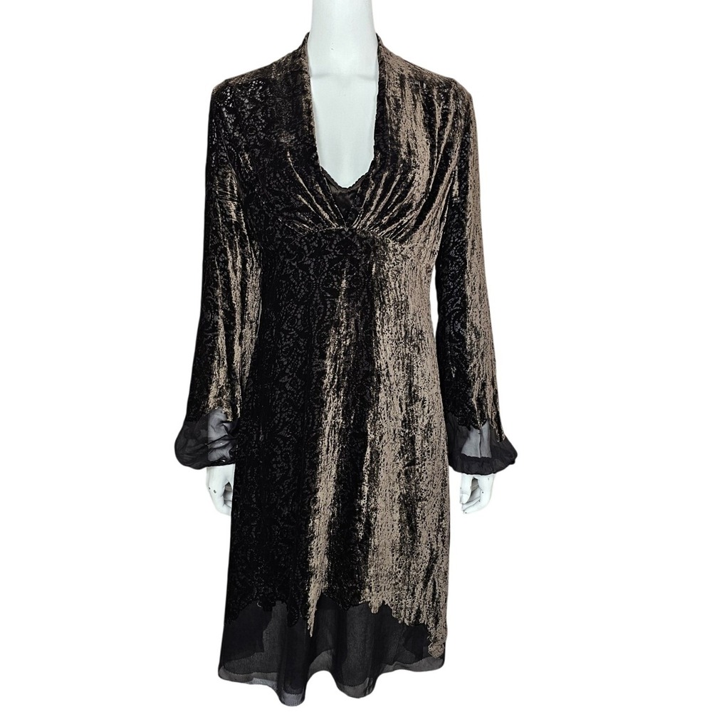 Elie Tahari Brown Burnout Velvet Silk Blend Dress Womens M Boho Gothic Cocktail